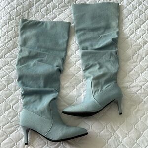 Denim Slouchy Knee High Denim Jean Boots